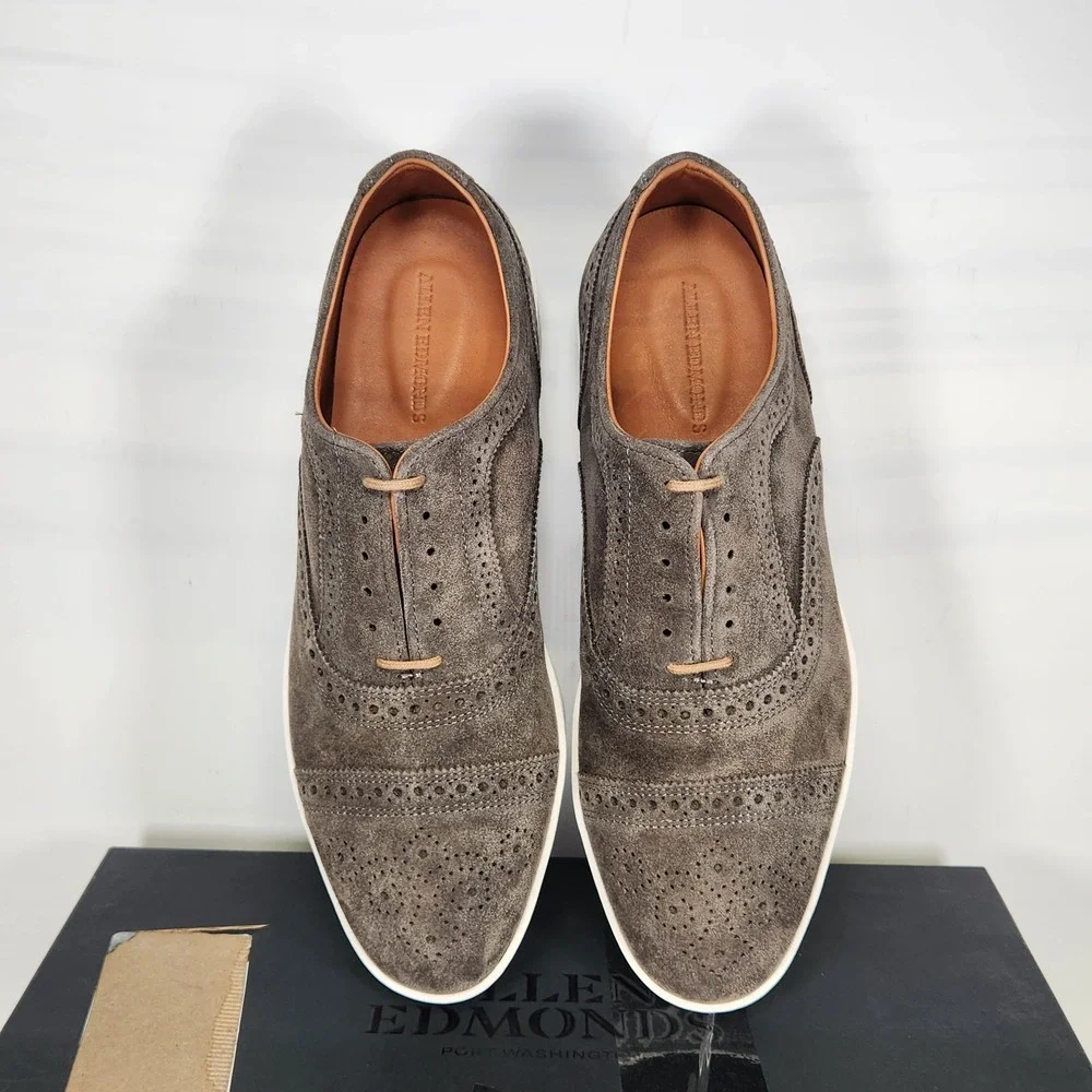 Allen Edmonds Strand Sneak Mens Size 8 E WIDE Grey Suede Brogue Oxford Sneakers